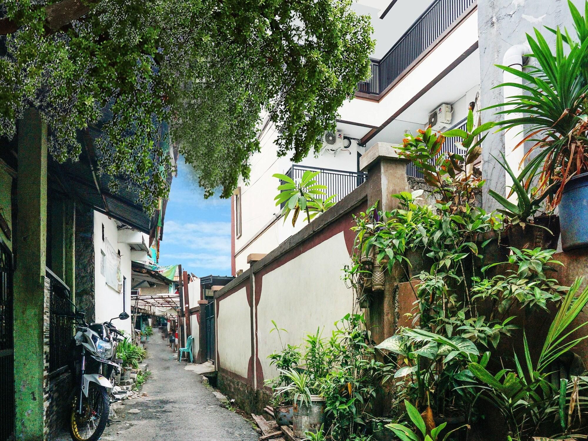 A narrow alleyway with a motorcycle parked on the left, surrounded by lush greenery and potted plants.