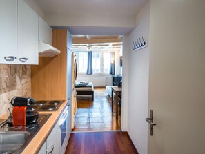 A narrow kitchen with a stove, sink, and cabinets, leading to a living area with a sofa and a window. - Apartment  by Interhome (Zurich)