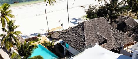 A beach resort with a pool, palm trees, and a view of the ocean.