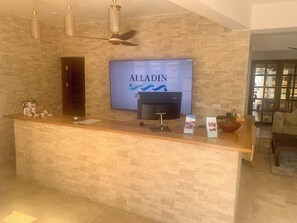 A reception desk with a flat-screen TV displaying 'ALLADIN' branding, a ceiling fan, and a brick wall backdrop. - Alladin Boutique Beach Hotel And Spa Zanzibar (Matemwe)
