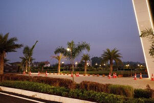 A landscaped area with palm trees, orange traffic cones, and a paved walkway.