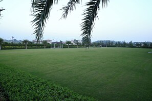 A large, open grassy field with palm trees and a distant building complex. - Aureum Grand Hotels & Resorts (Pathankot)