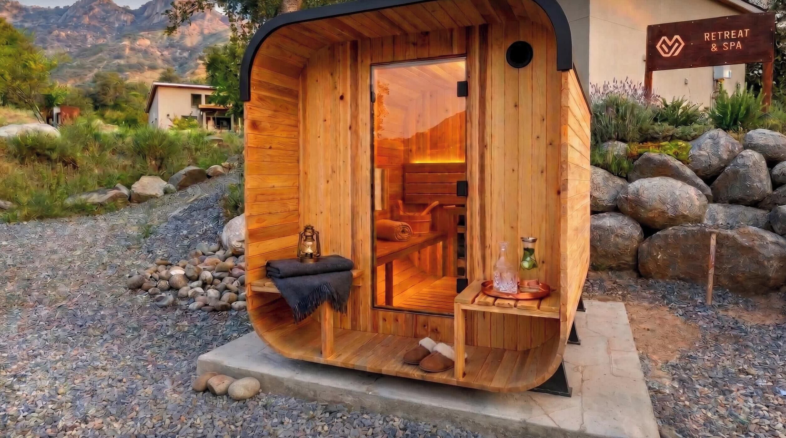 Eine Holz-Sauna mit Sitzbank, einem kleinen Tisch mit Flasche und Glas sowie Blick auf eine gebirgige Landschaft.