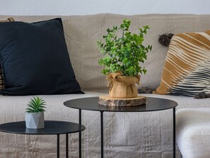 Un salon avec un canapé beige, une table basse ronde noire et une plante en pot.