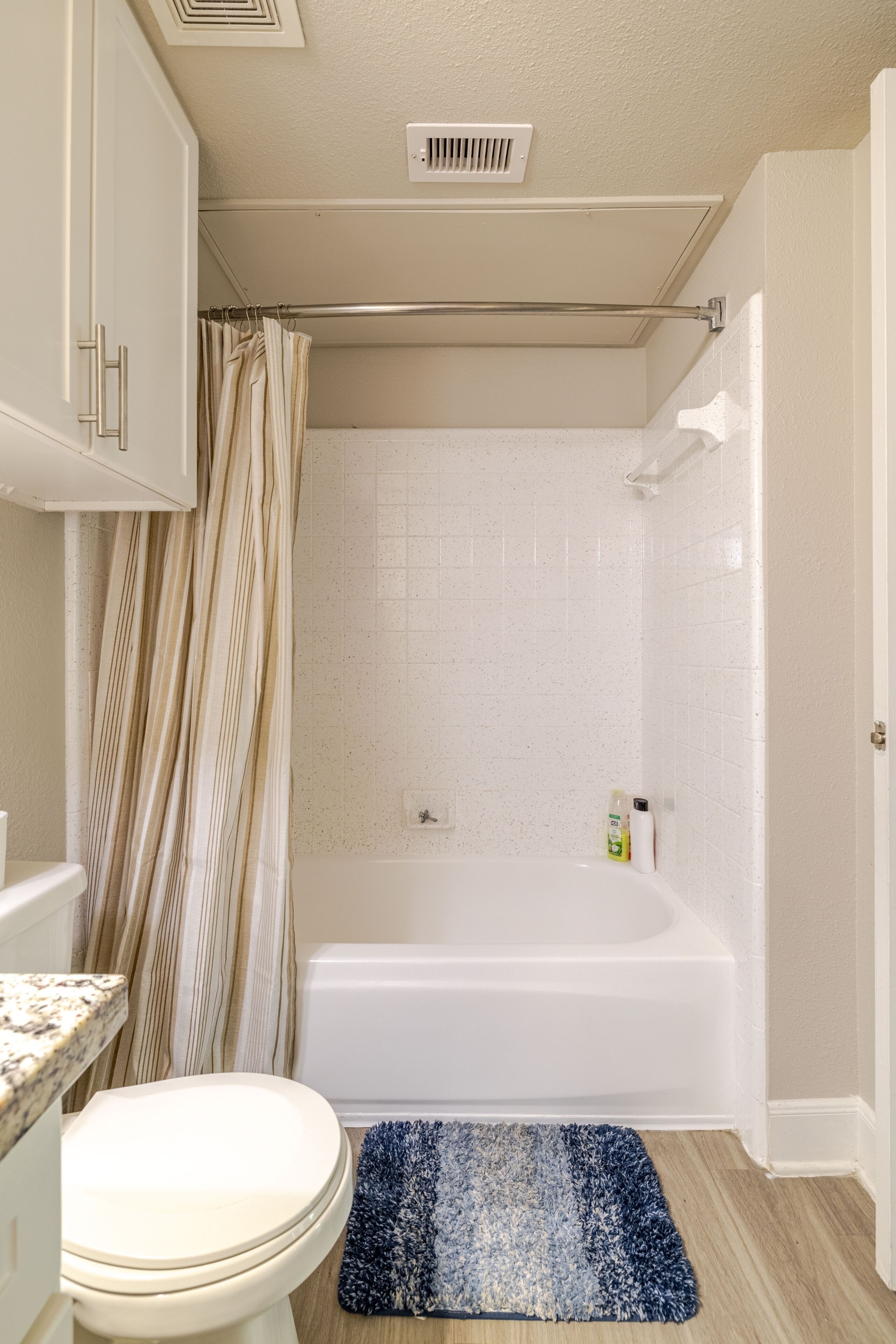 Hair dryer, towels, soap, toilet paper