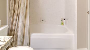 Hair dryer, towels, soap, toilet paper