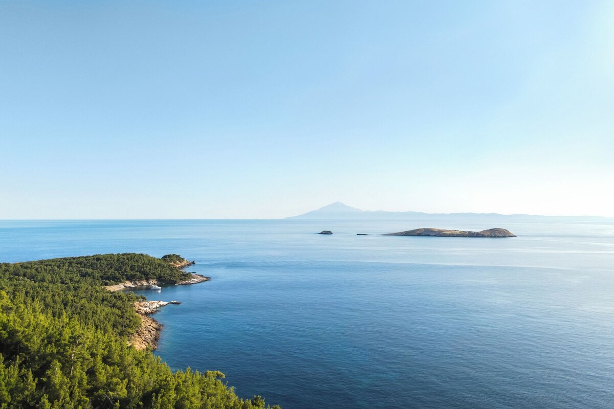 A coastal landscape with a clear view of the sea, a forested area, and distant mountains.