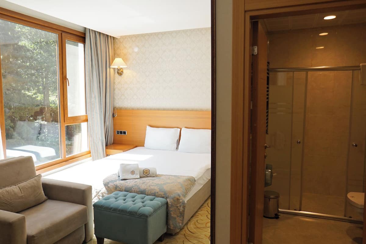 A hotel room with a bed, a sofa, a small ottoman, a nightstand, a lamp, and a shower.