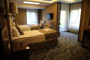 A hotel room with a bed, a chair, a TV, and a carpeted floor. - Ayder Hasimoglu Otel - Eur (Çamlıhemşin)