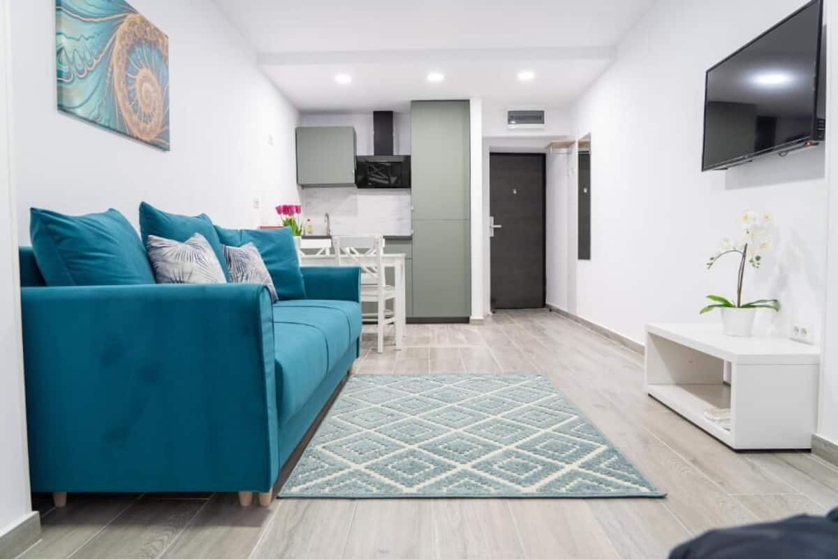 A modern living room with a teal sofa, a patterned rug, a flat-screen TV, and a minimalist kitchen in the background.