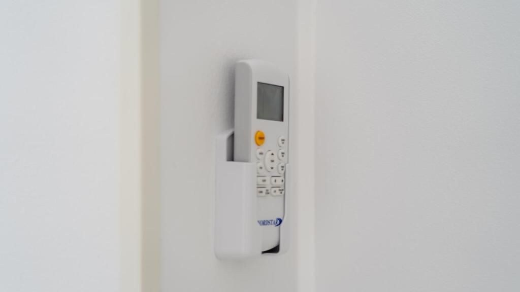A wall-mounted electronic device, likely a thermostat or control panel, with a keypad and a small display screen.