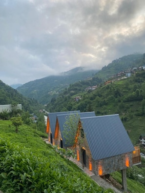 A hillside with a row of modern, metal-roofed buildings with small windows and a stone base. - Berva Bungalow (Çamlıhemşin)