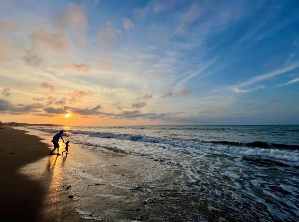 A beach scene with a sunset, waves, and a person walking on the sand.