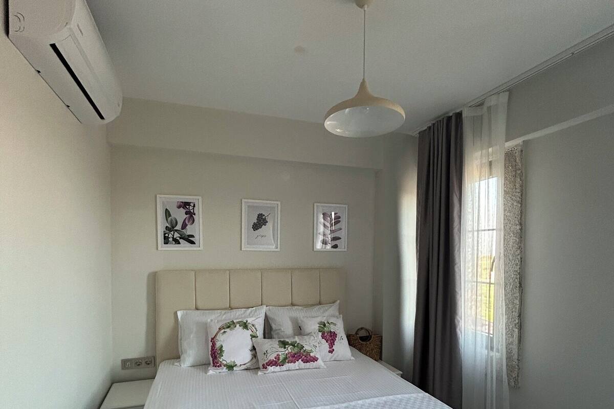 Ein Hotelzimmer mit einem Bett, einem Nachttisch, einer Klimaanlage, einer Deckenleuchte und gerahmten Pflanzenbildern an der Wand.