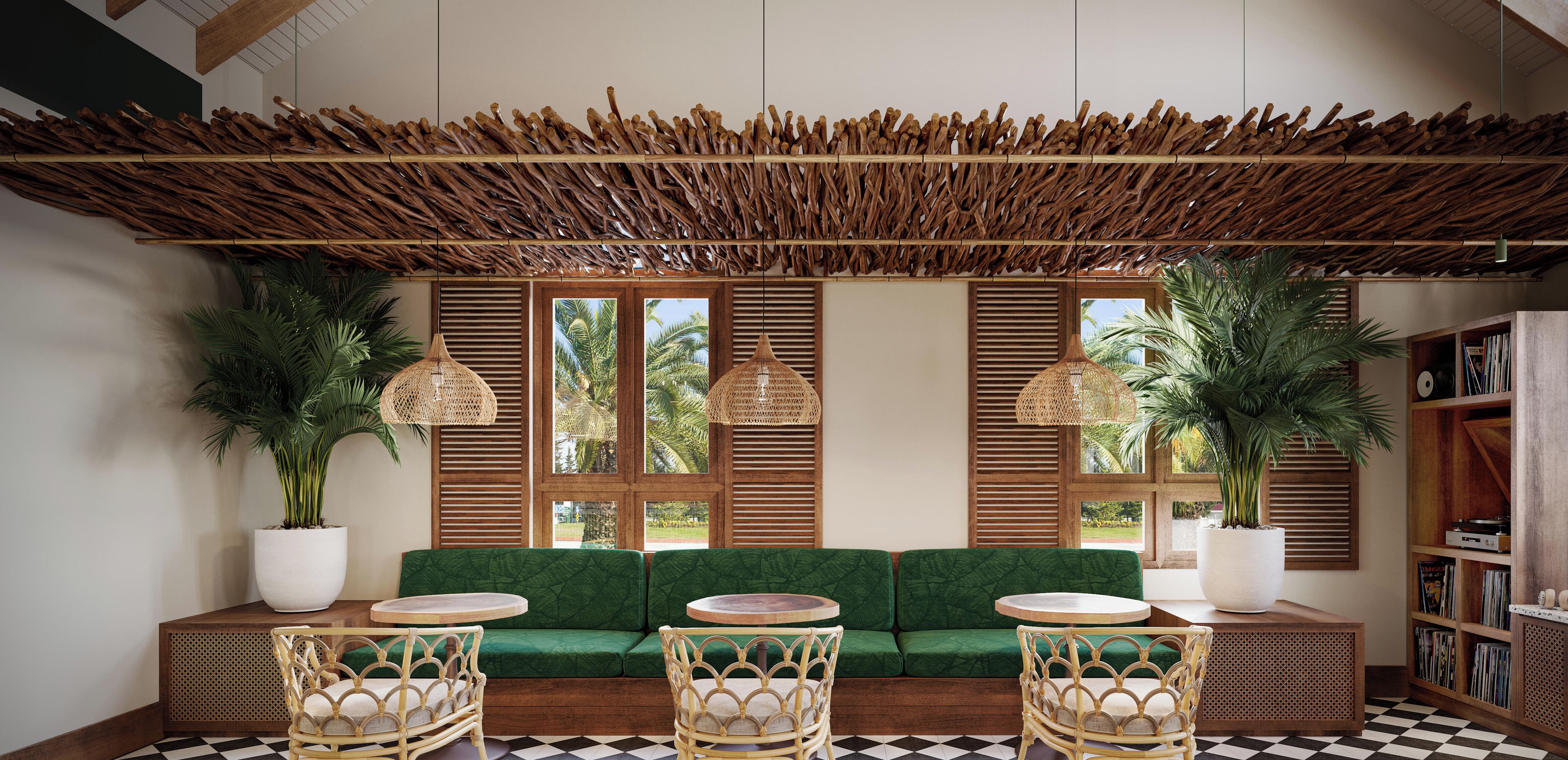 A room with a green sofa, wicker chairs, a checkered floor, and a ceiling made of natural materials.
