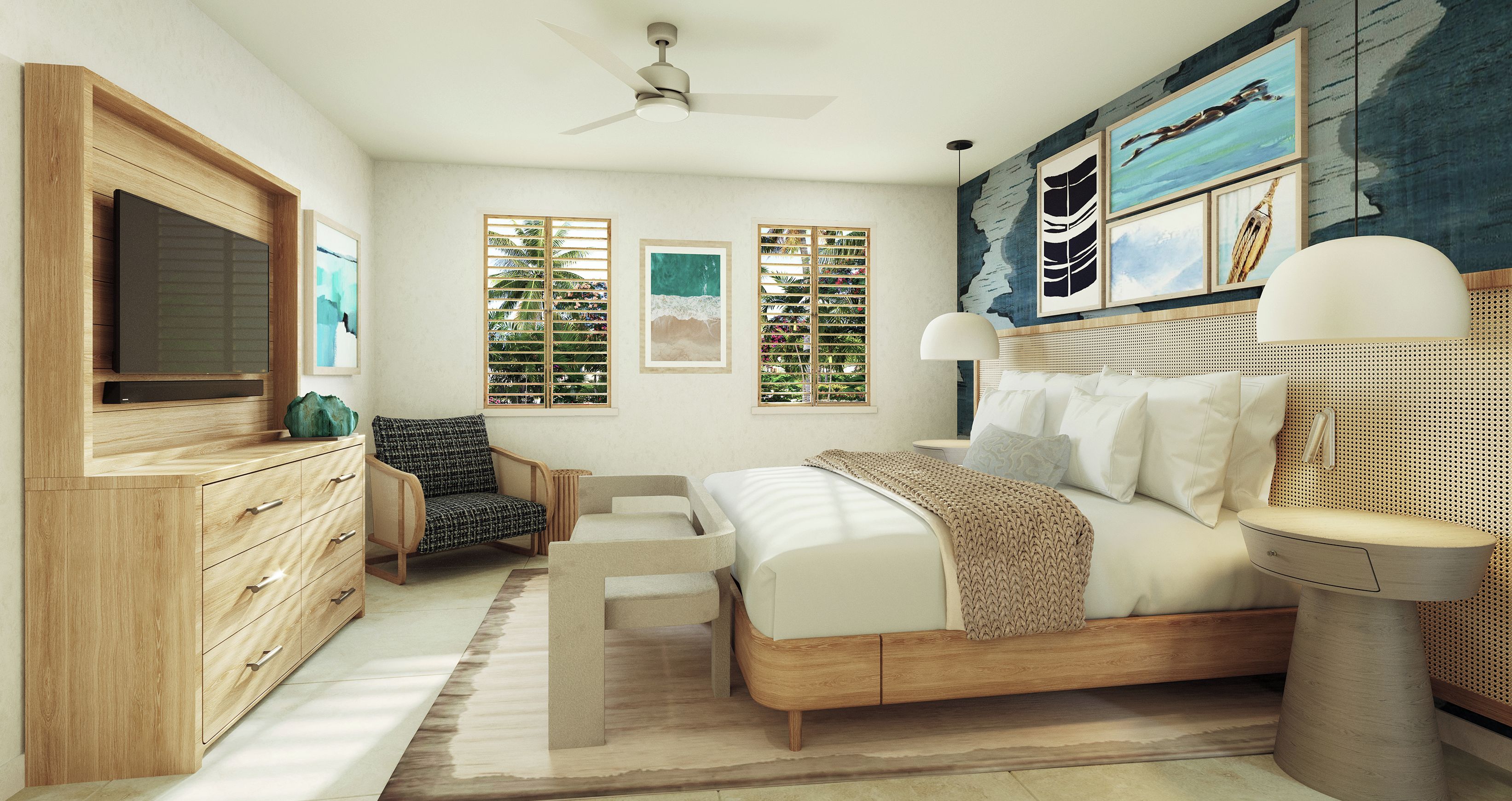 Un dormitorio con cama, televisión, escritorio, silla y obras de arte en las paredes.