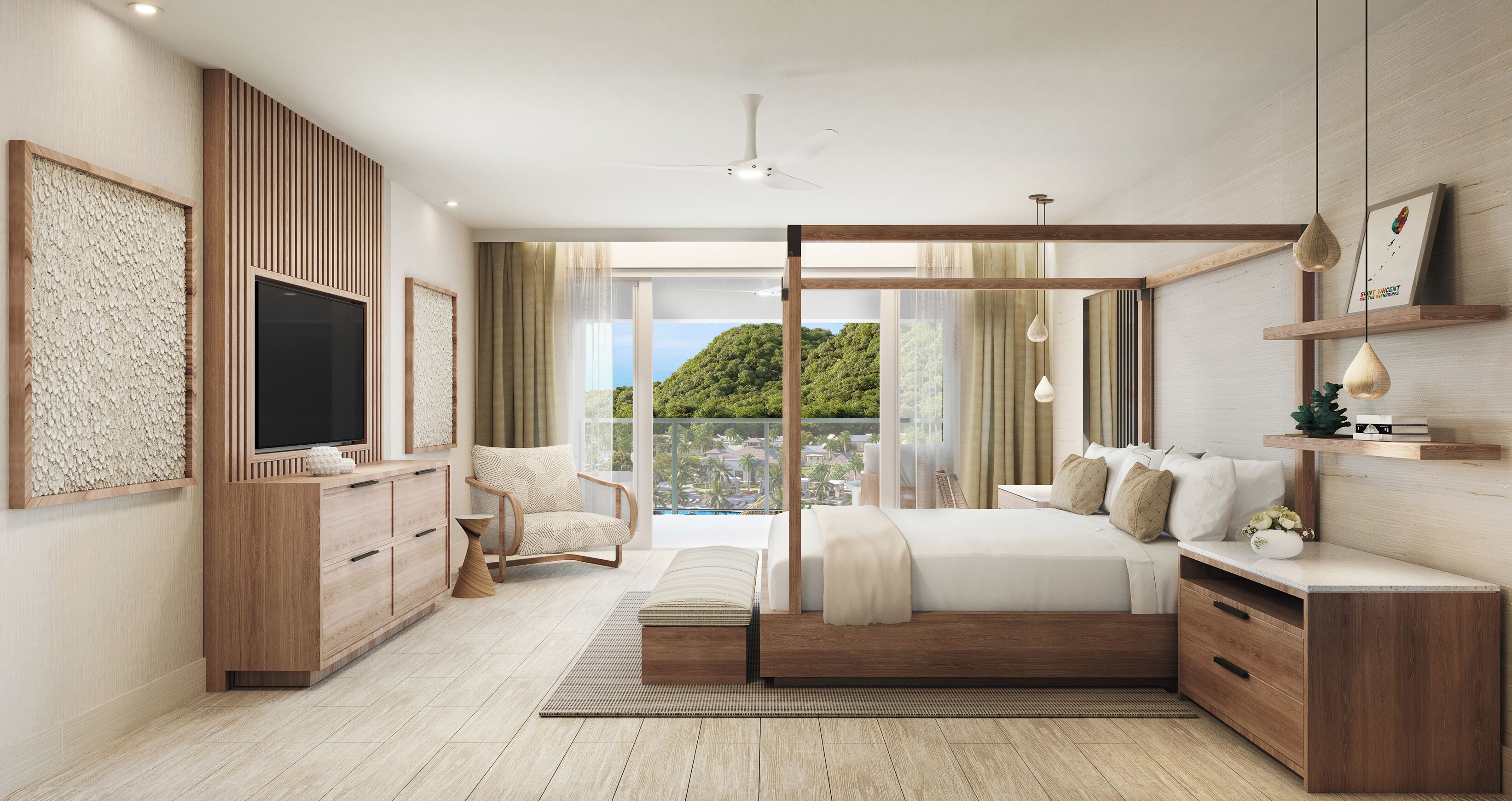 A modern bedroom with a large bed, a TV, a chair, and a view of a green landscape.