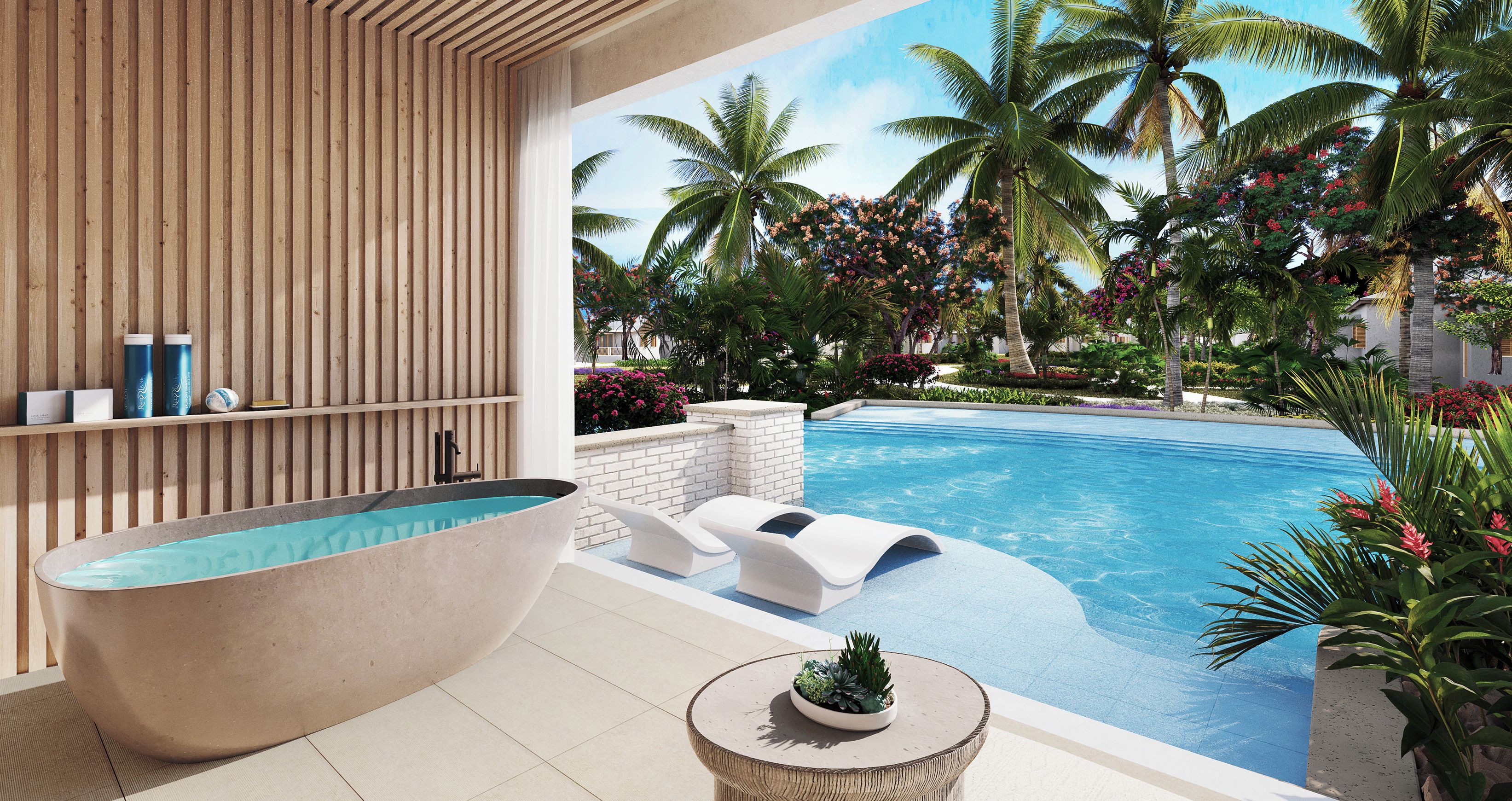 Un área de piscina moderna con una bañera grande, sillas de descanso y plantas tropicales.