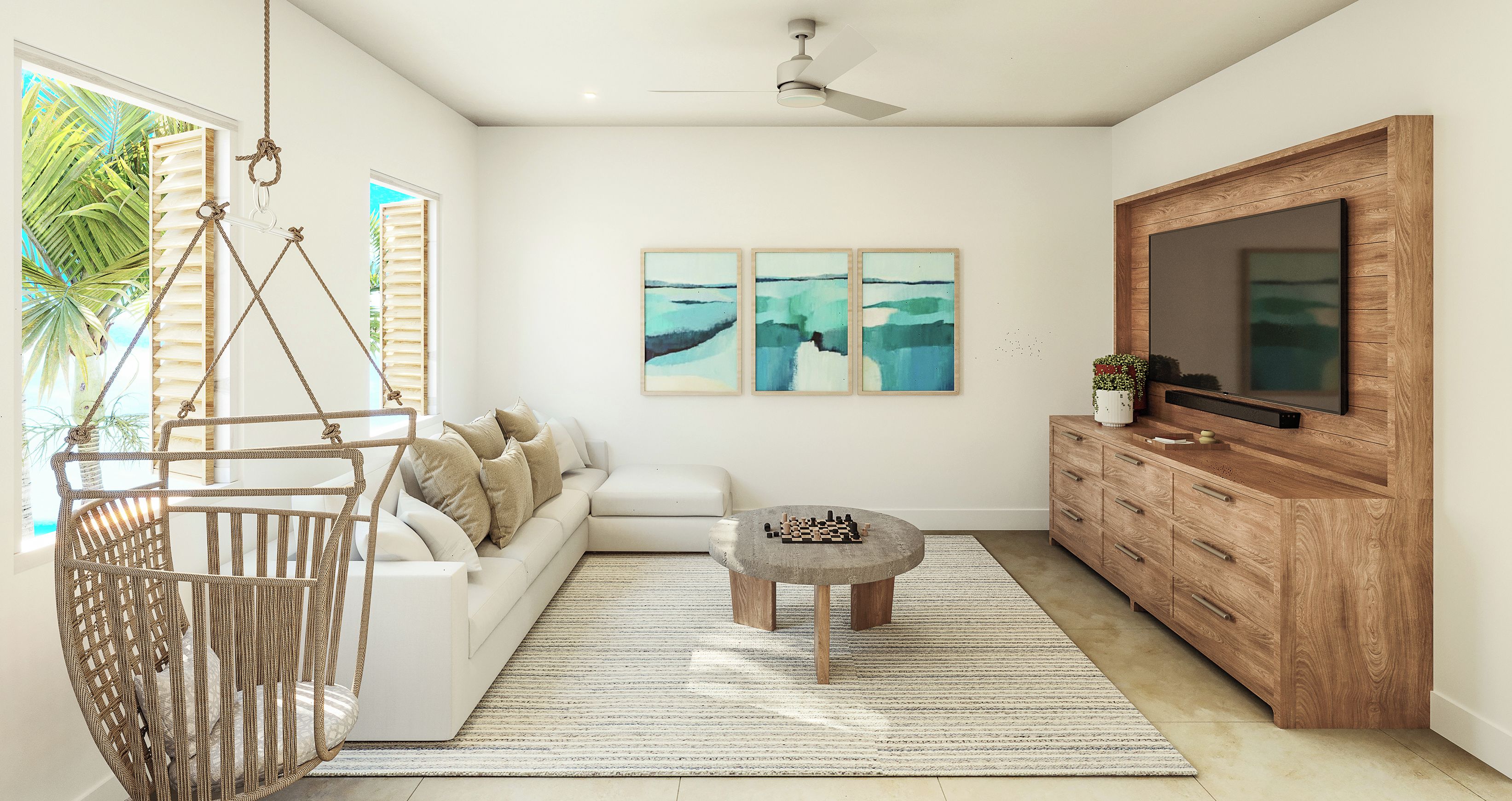Una sala de estar moderna con un sofá blanco, una silla colgante, una mesa de centro y un televisor sobre un mueble de madera.