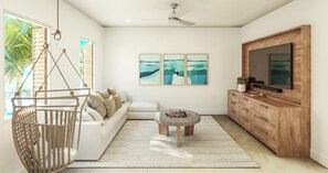 A modern living room with a white sofa, a hanging chair, a coffee table, and a TV on a wooden cabinet.