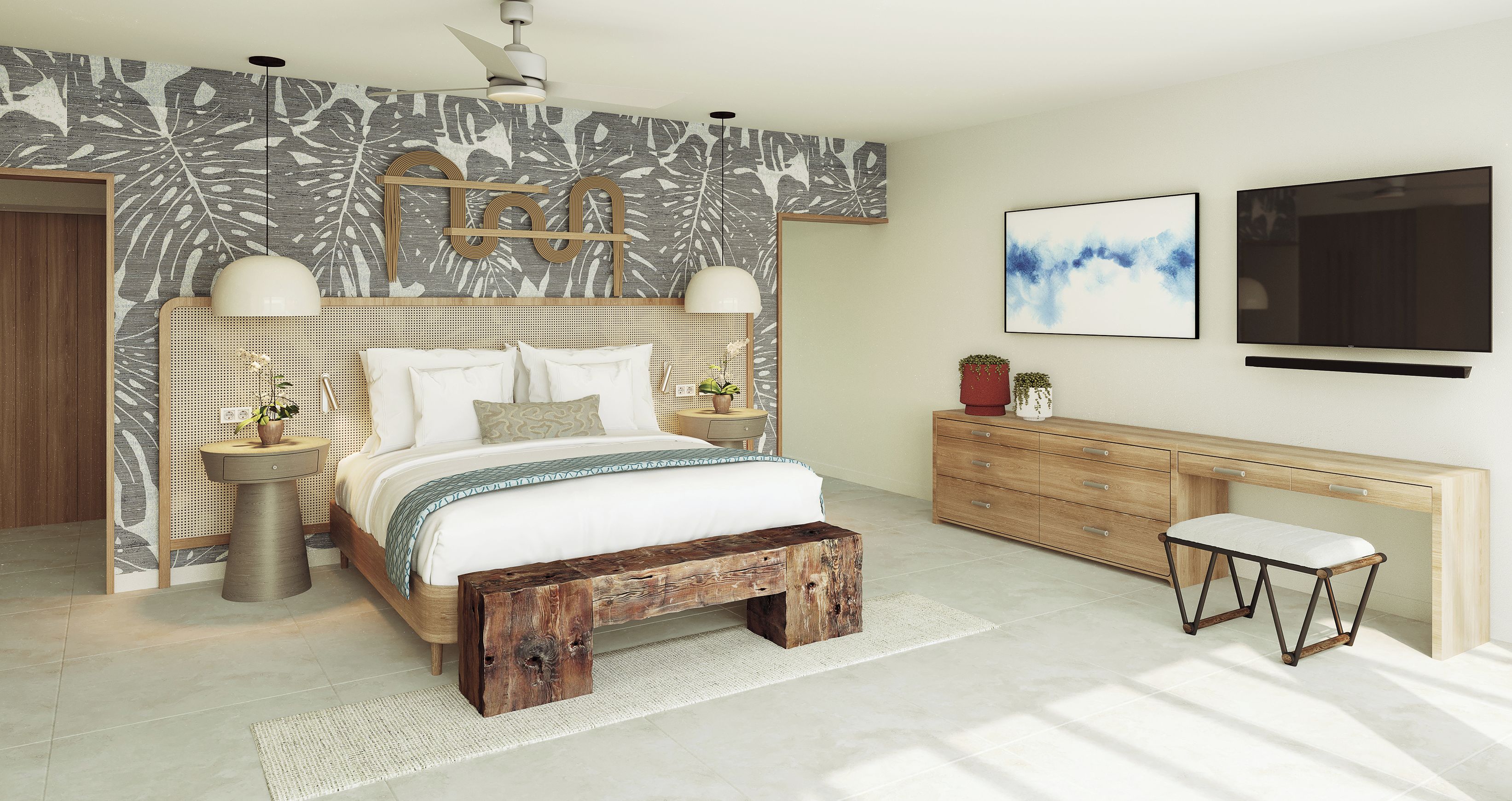 A bedroom with a bed, bedside tables, a bench, a dresser, and a desk.