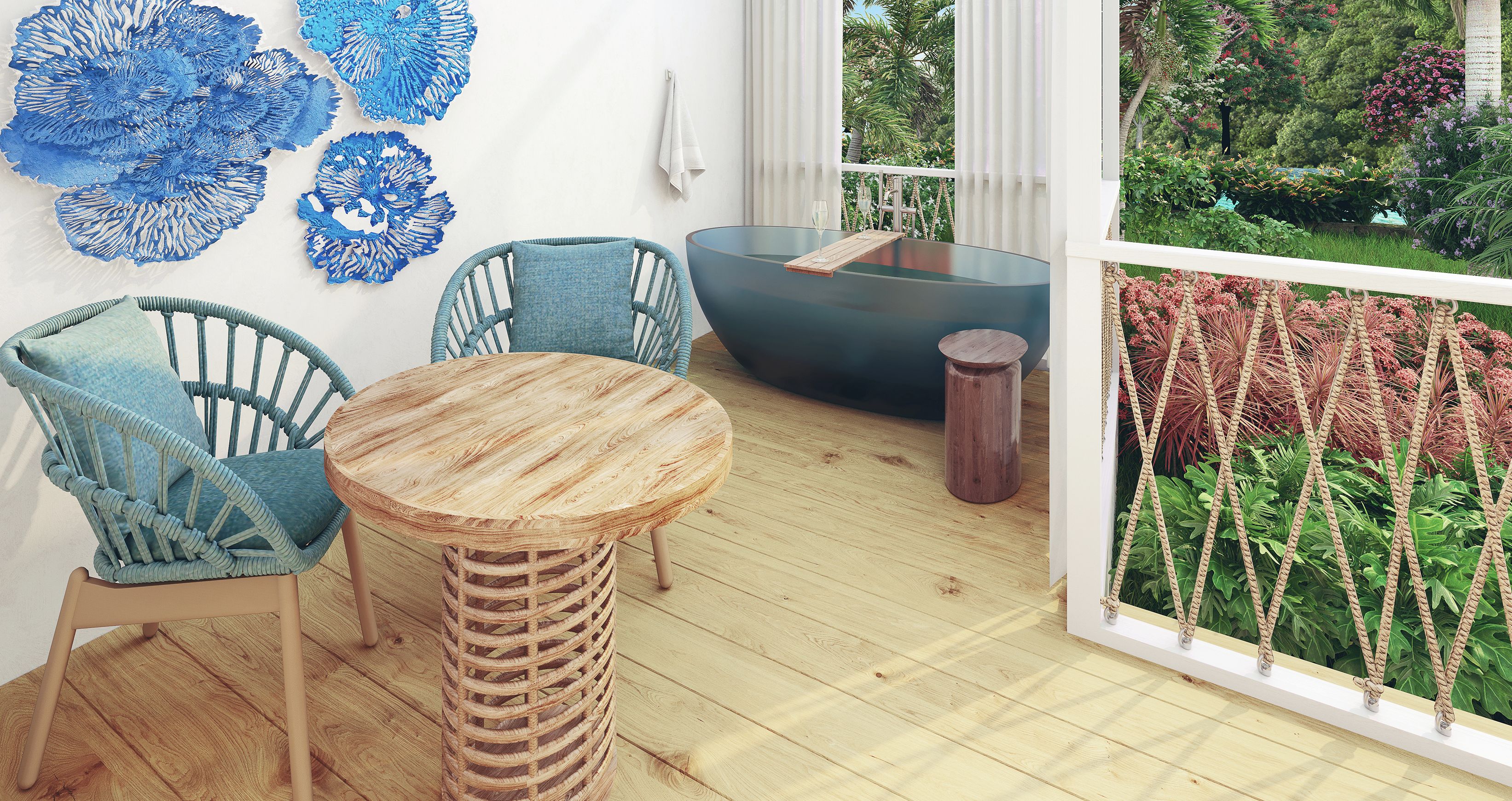 A wooden deck with a round table and two wicker chairs, a blue sofa, and a view of a lush garden through large windows.