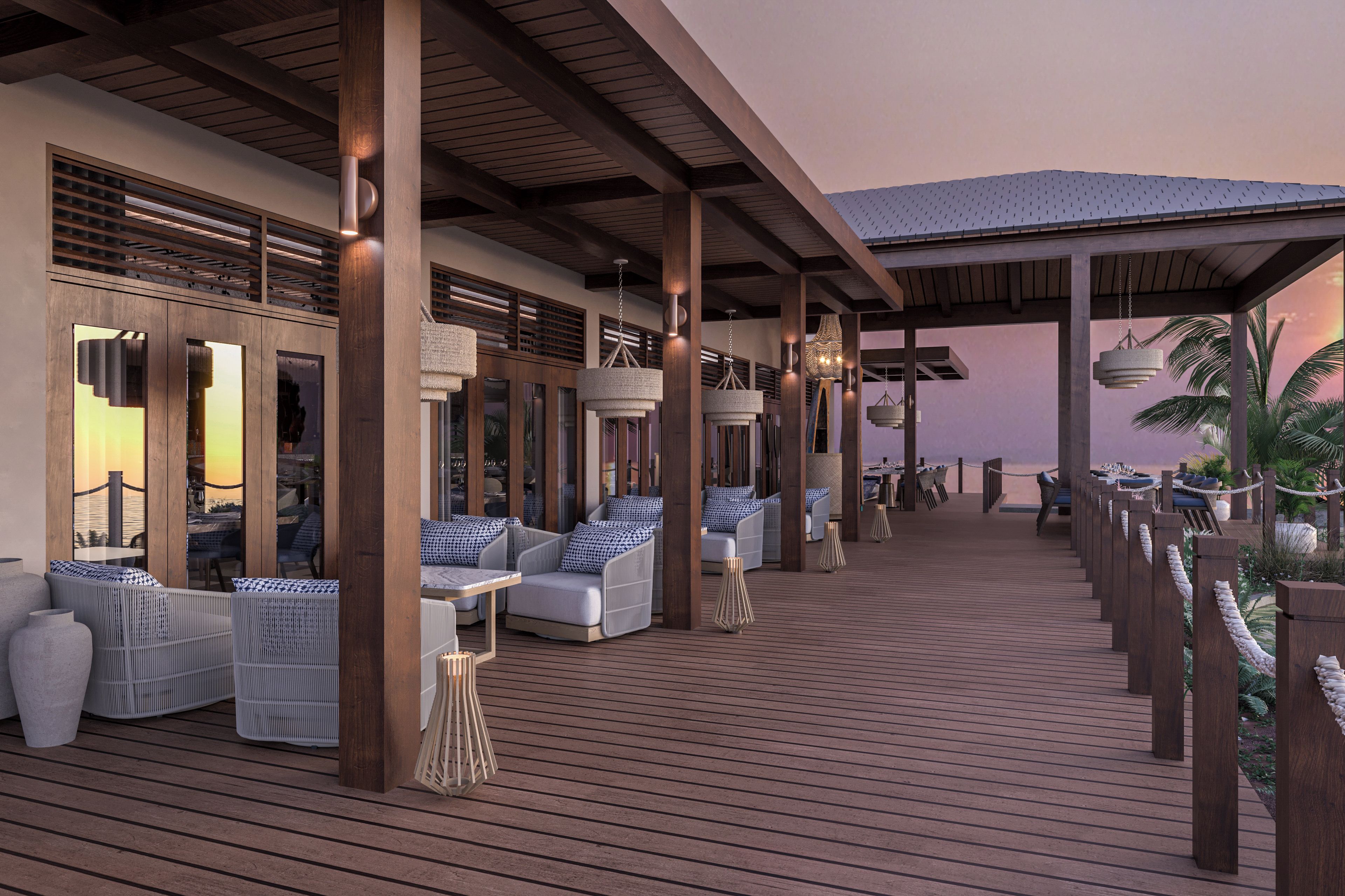 A covered outdoor area with seating, wooden beams, and hanging lights.