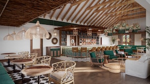 A bar area with wooden furniture, hanging lights, and a checkered floor.