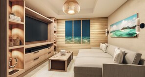 Een moderne woonkamer met een flatscreen-tv, houten planken, een bank en een groot raam met uitzicht op zee.