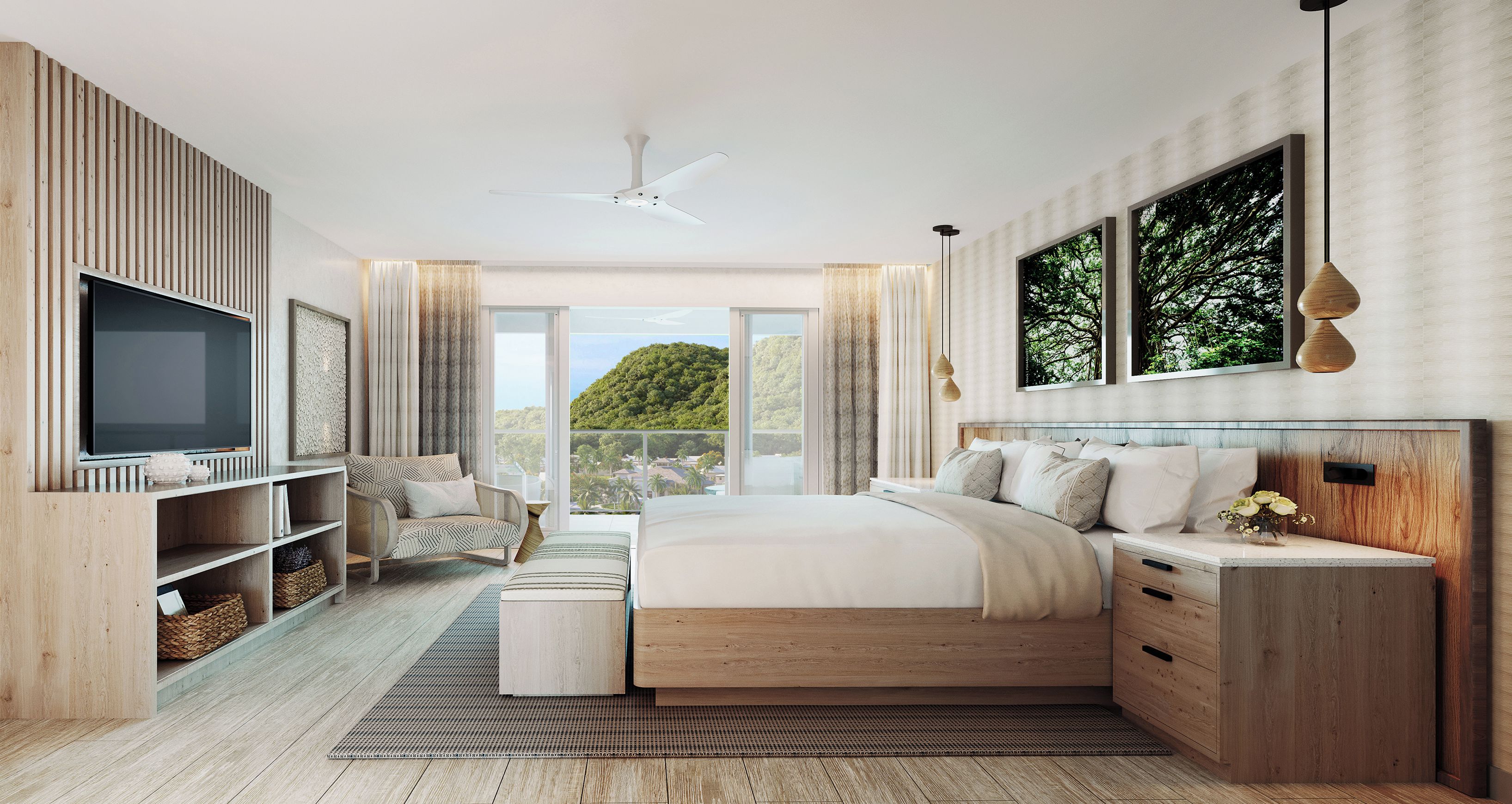 A modern bedroom with a large bed, a TV, wooden shelving, and a view of greenery.