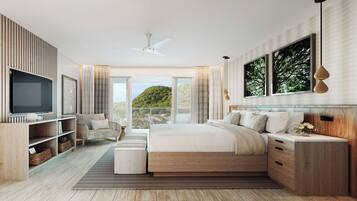 Un dormitorio moderno con una cama grande, televisión, estanterías de madera y vistas a zonas verdes.