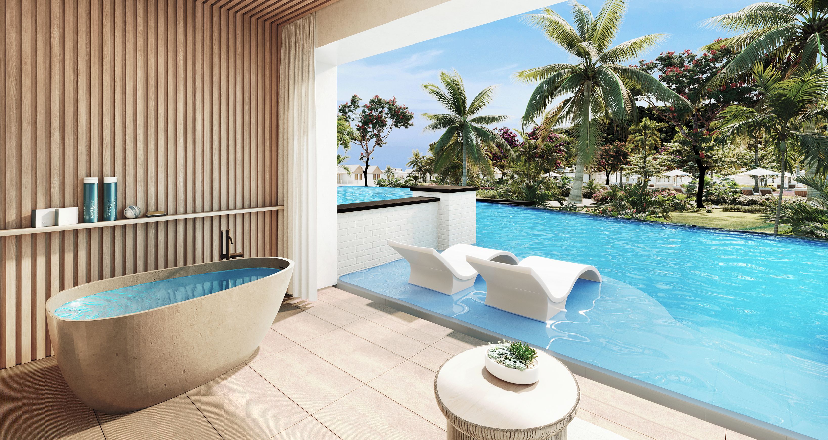 Un baño moderno con una bañera independiente, una pequeña mesa redonda con una planta, y vistas a una piscina con palmeras.