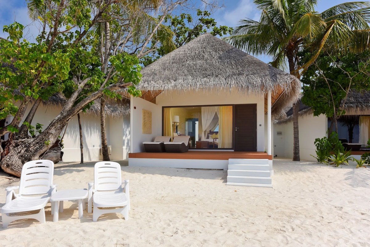 A beachside resort with a thatched-roof structure, white lounge chairs, and a sandy beach.