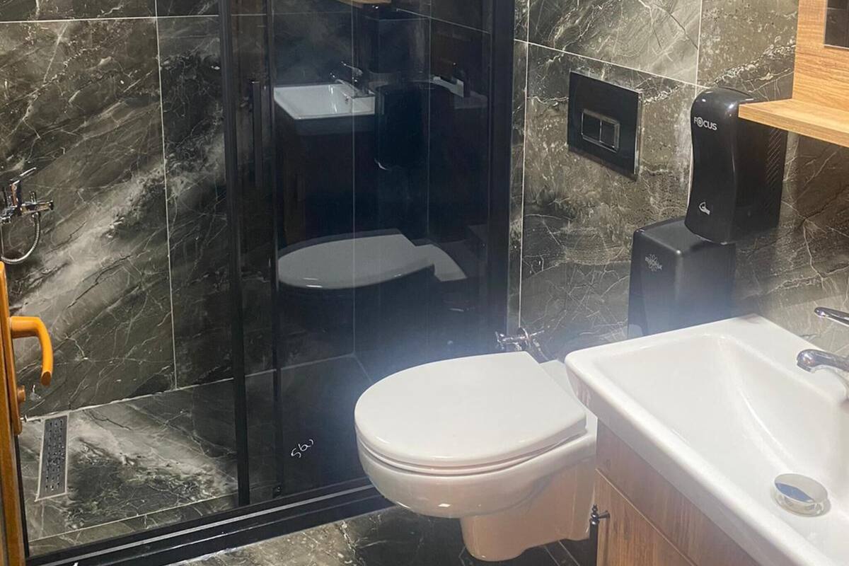 A modern bathroom with a glass-enclosed shower, a white toilet, and a sink with a soap dispenser.