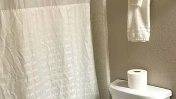 Hair dryer, towels, soap, toilet paper
