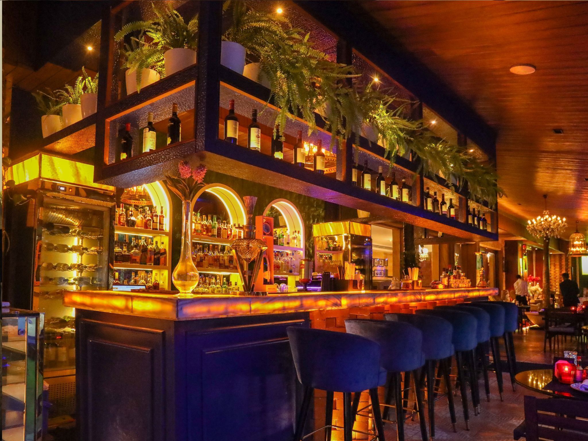 A bar area with multiple shelves of bottles, a counter with stools, and a decorative plant arrangement.