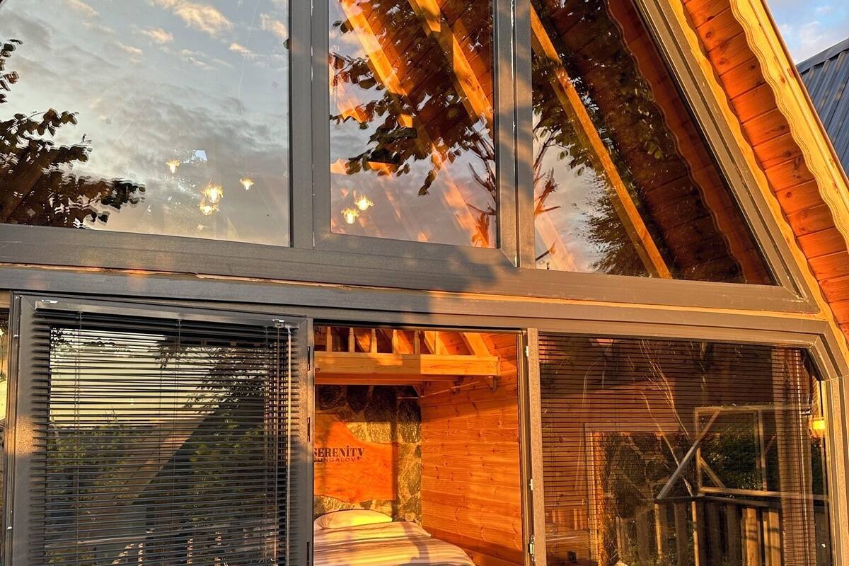 A modern house with a glass entrance, wooden interior, and a small outdoor area with a pool.