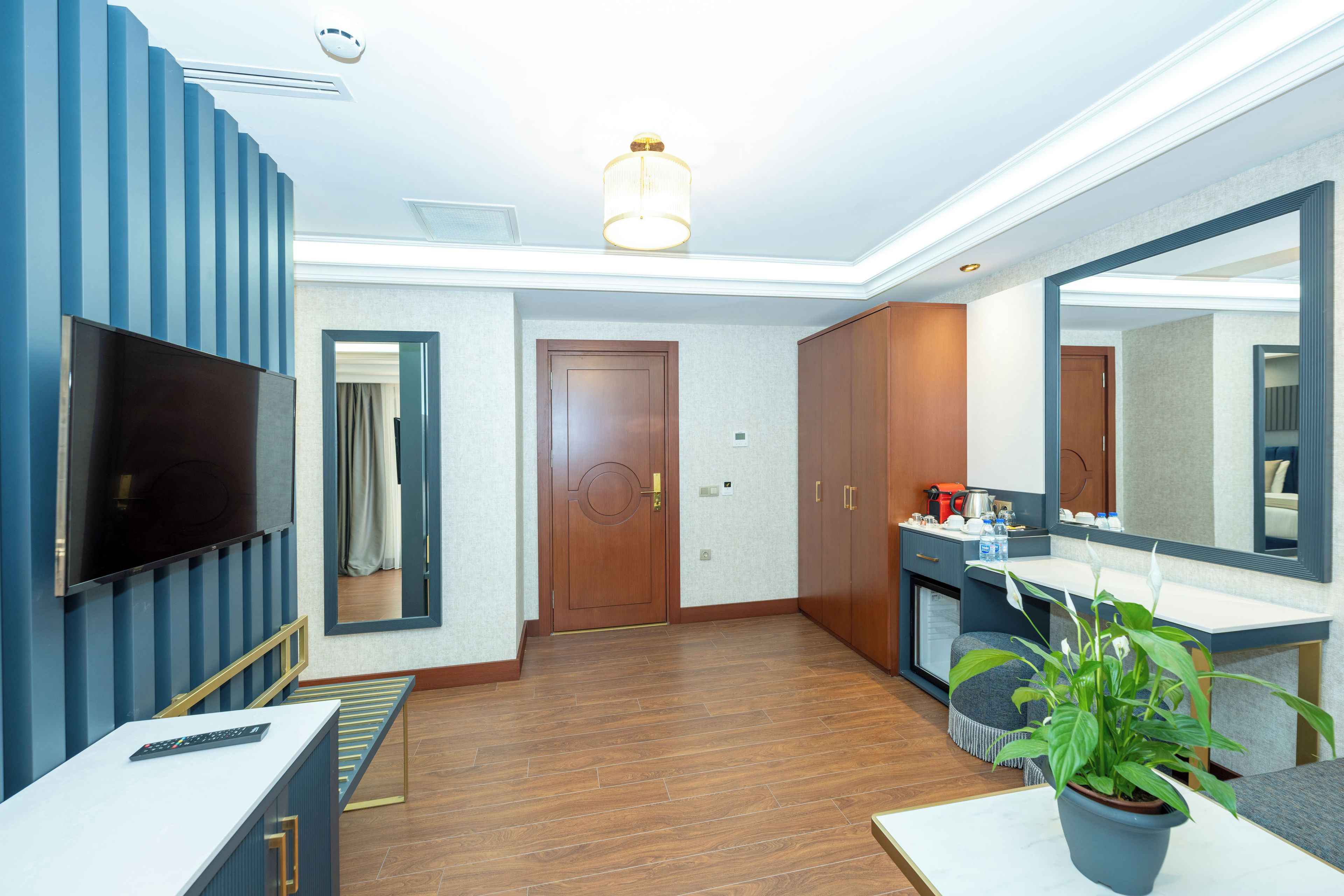 A modern hotel room with a flat-screen TV, a large mirror, a wooden floor, and a potted plant.