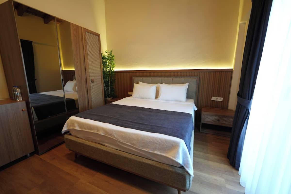 A hotel room with a large bed, a wardrobe, a bedside table, and a mirror.
