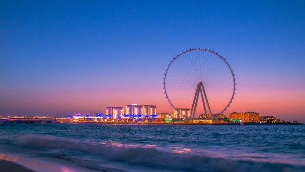 A waterfront view with a large Ferris wheel and illuminated buildings.