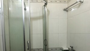 Een badkamer met een douche met glazen wand, een toilet en een wastafel.