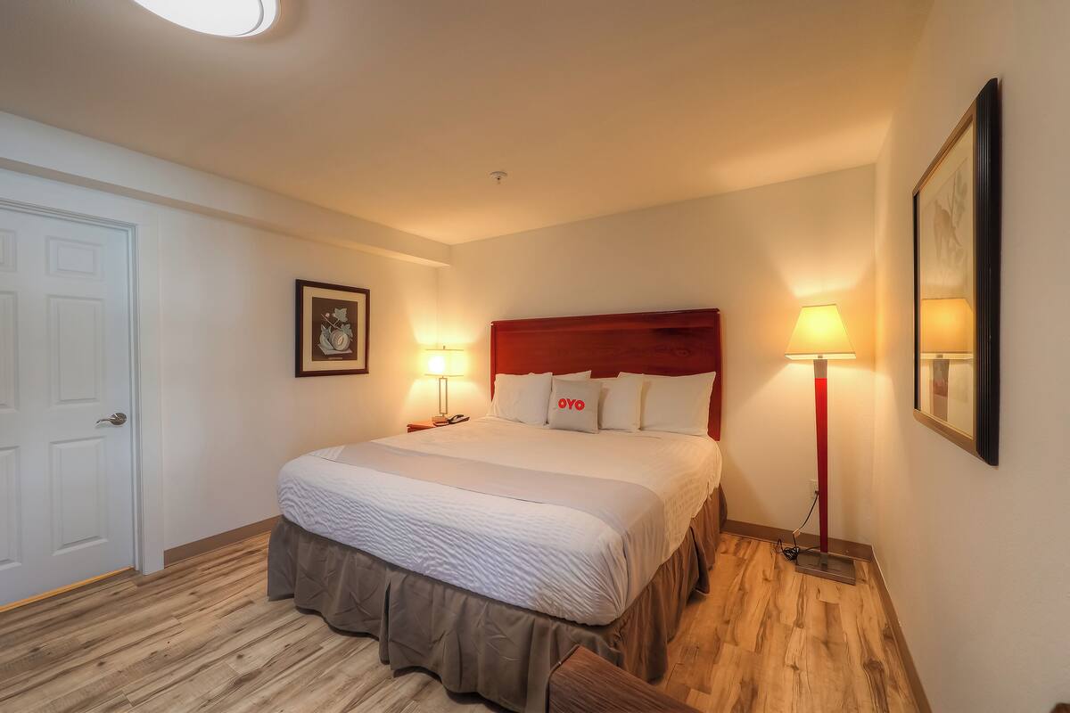 A hotel room with a large bed, two bedside lamps, a wooden floor, and a white door.