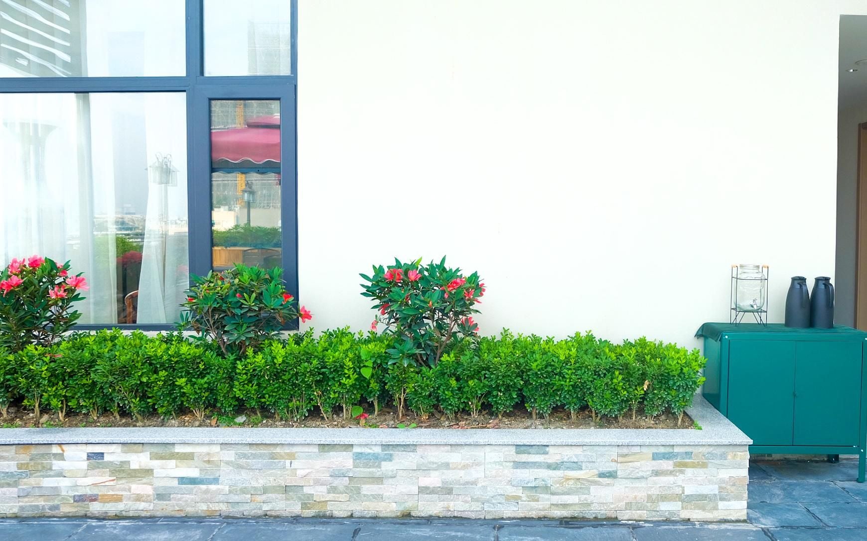 A landscaped garden with hedges and flowering plants, a stone wall, and a green cabinet.