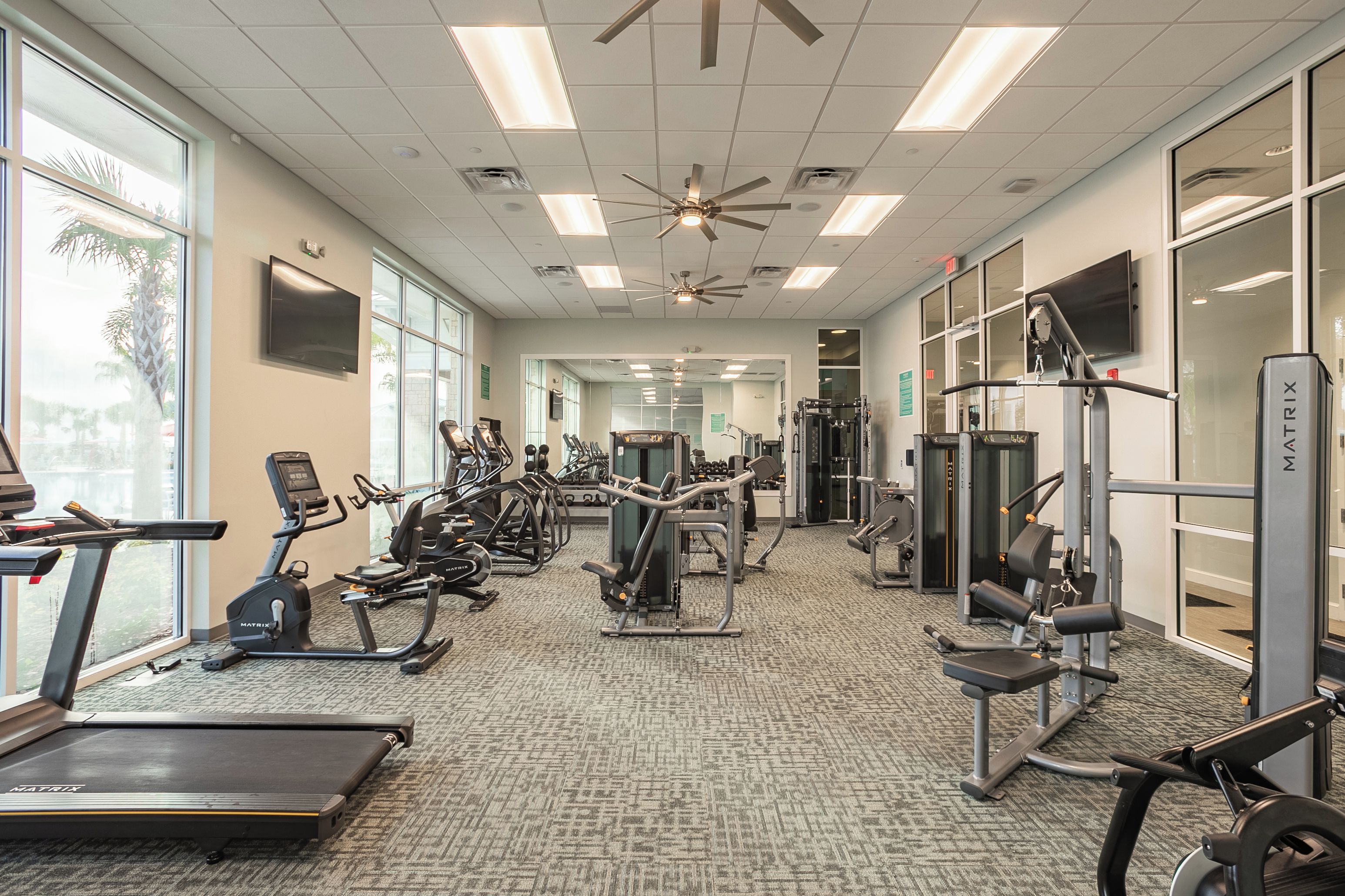 A gym with treadmills, elliptical machines, and weightlifting equipment.