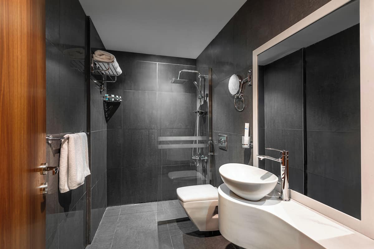 Une salle de bain moderne avec une douche à parois de verre, un lavabo blanc et un grand miroir.