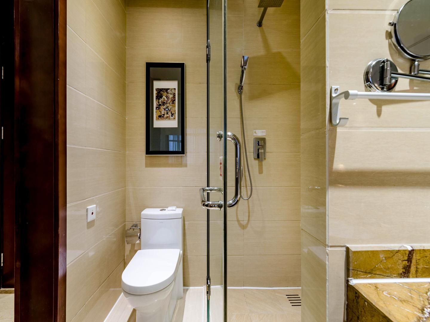 A bathroom with a toilet, a shower, and a mirror.