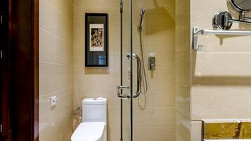 A bathroom with a toilet, a shower, and a mirror.