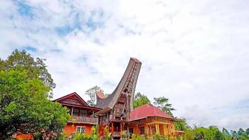 A traditional wooden house with a steeply pitched roof, surrounded by lush greenery and a well-maintained garden.