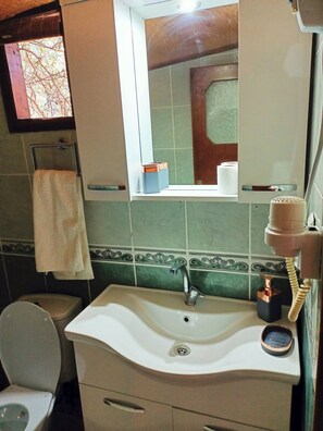 Un baño con lavamanos, inodoro y espejo sobre el lavamanos.