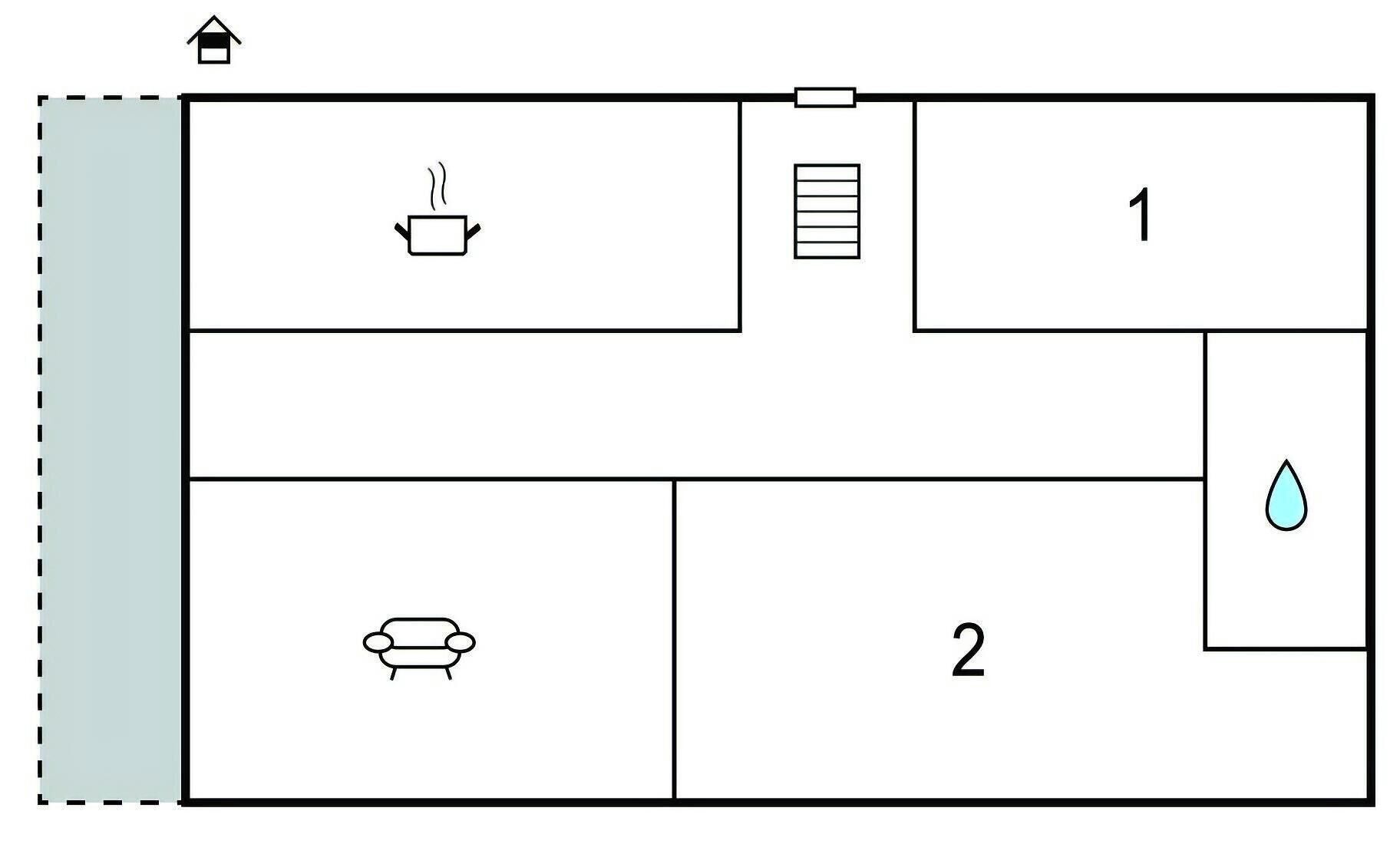 Un plan d’étage comprenant deux pièces, une kitchenette et une salle de bain.